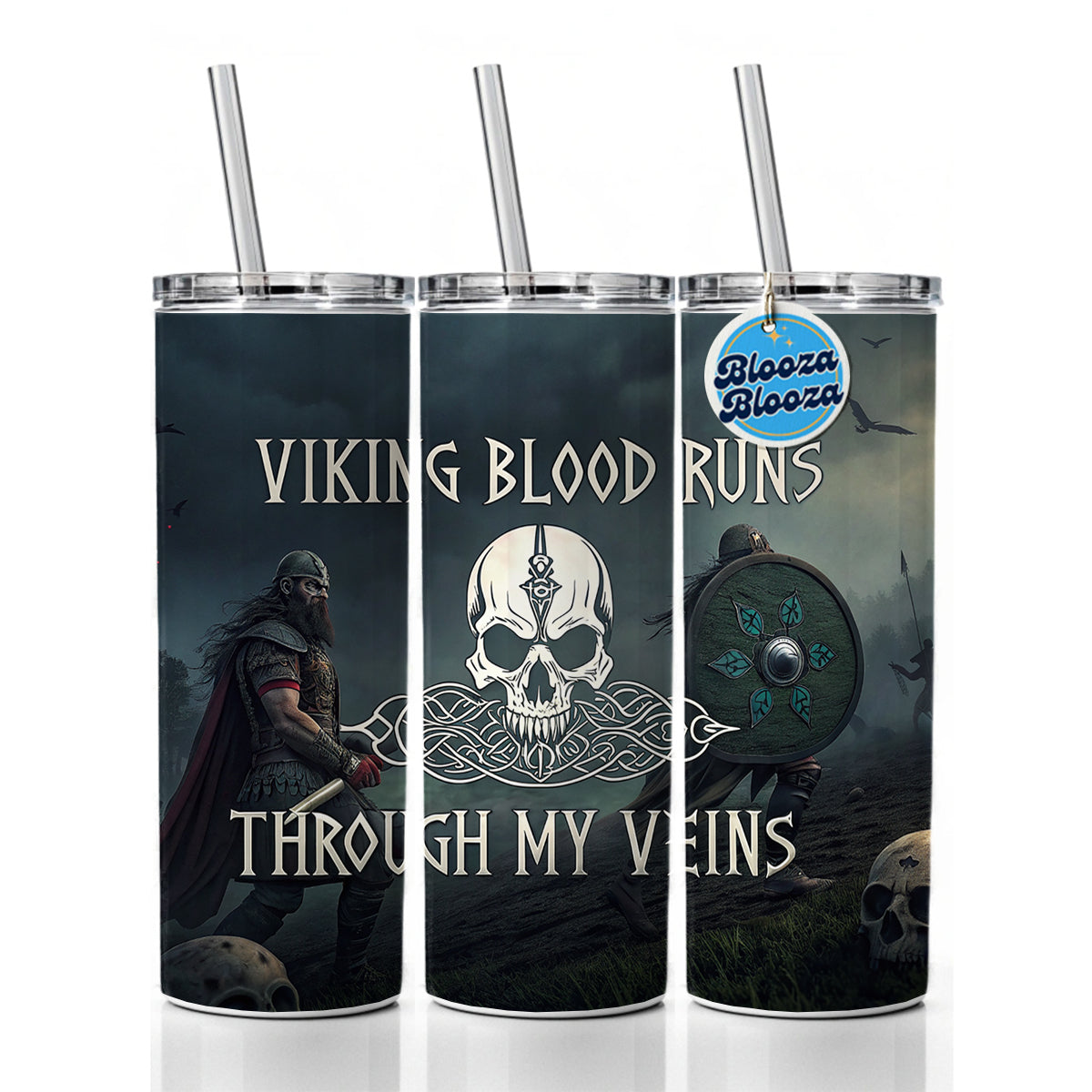 Viking Blood Runs Through My Veins Norse Scandinavian Skinny Tumbler 20oz with Straw Insulated Water Bottle Gift