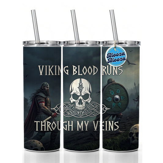Viking Blood Runs Through My Veins Norse Scandinavian Skinny Tumbler 20oz with Straw Insulated Water Bottle Gift