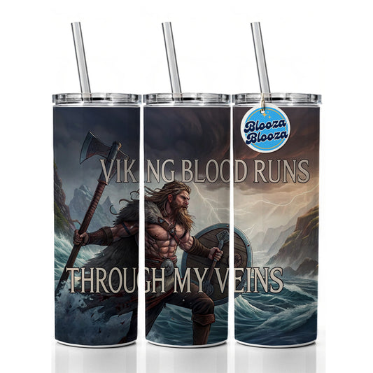 Viking Blood Runs Through My Veins Scandinavian Norse Warrior Skinny Tumbler 20oz with Straw Insulated Water Bottle Gift