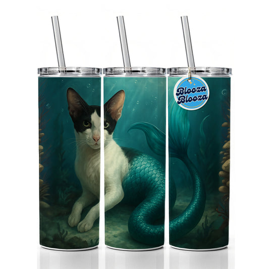 Vintage Oriental Shorthair Cat Mermaid Fantasy Painting Skinny Tumbler 20oz with Straw Insulated Water Bottle Gift