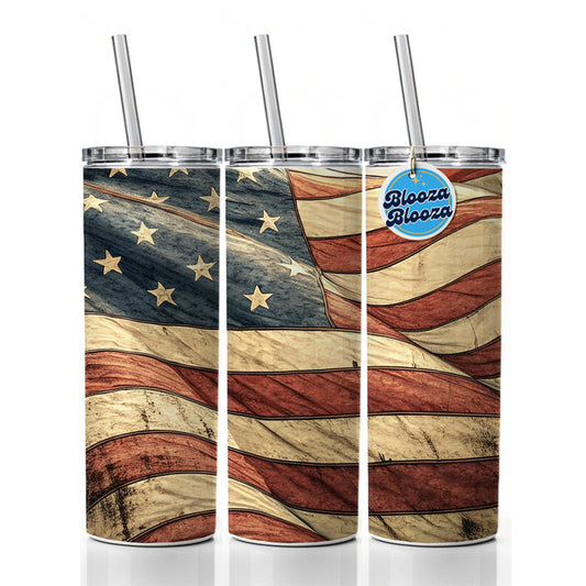 Waving Rustic American Flag Illustration Skinny Tumbler 20oz with Straw Insulated Water Bottle Gift