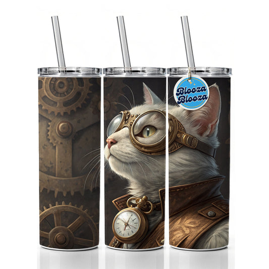 White Cat Steampunk Skinny Tumbler 20oz with Straw Insulated Water Bottle Gift