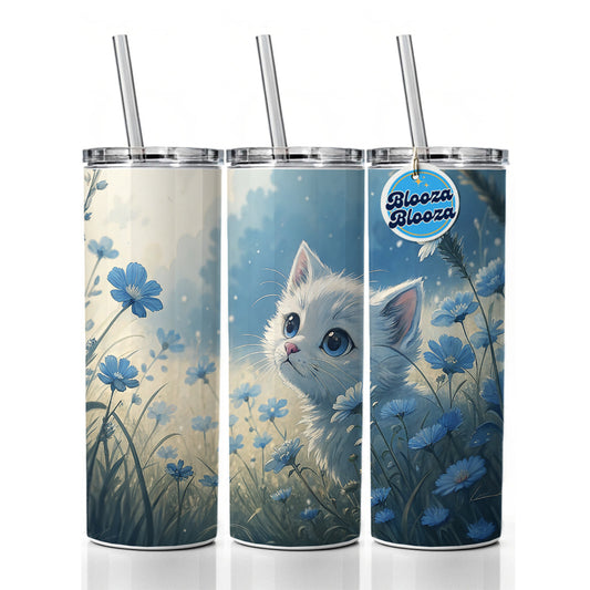 White Kitten in Field Of Blue Flowers Anime Style Skinny Tumbler 20oz with Straw Insulated Water Bottle Gift