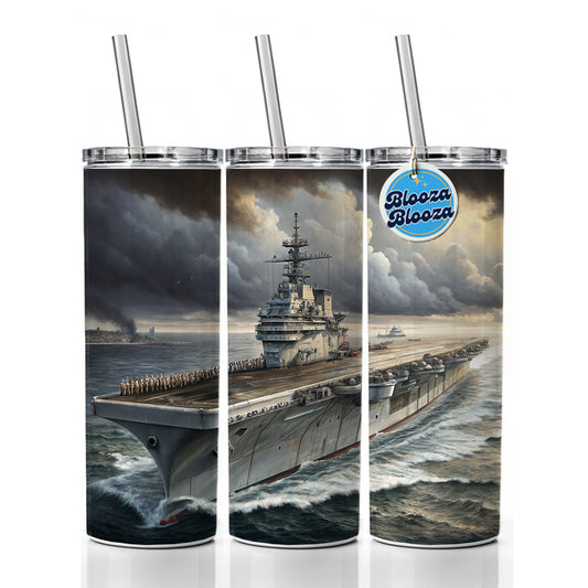 World War 2 WWII Navy Aircraft Carrier At Sea Skinny Tumbler 20oz with Straw Insulated Water Bottle Gift