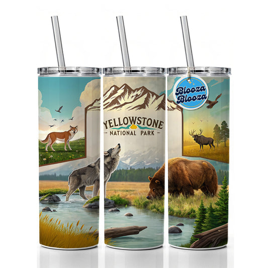 Yellowstone National Park Animals Skinny Tumbler 20oz with Straw Insulated Water Bottle Gift