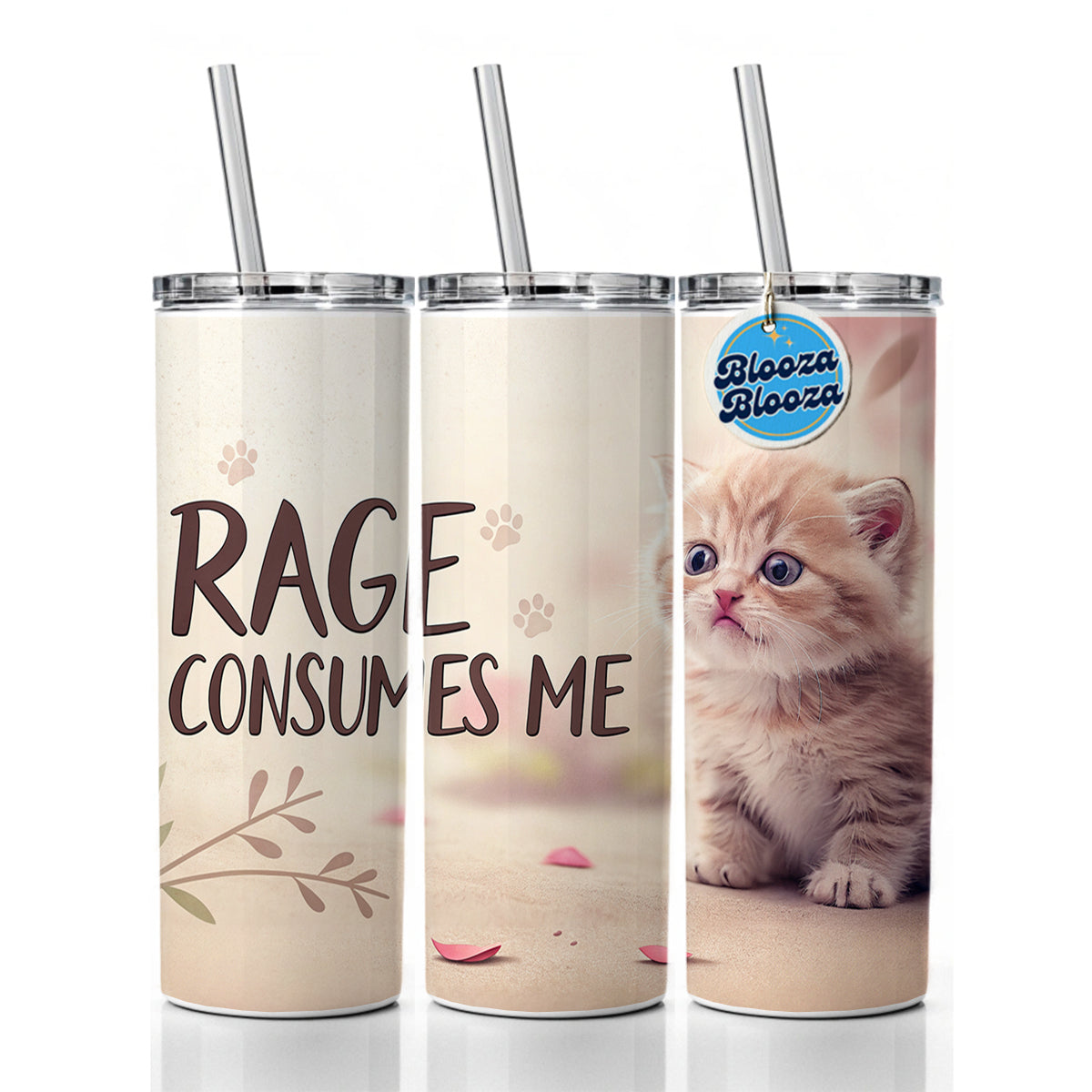 Rage Consumes Me Funny Cute Kitten Skinny Tumbler 20oz with Straw Insulated Water Bottle Gift