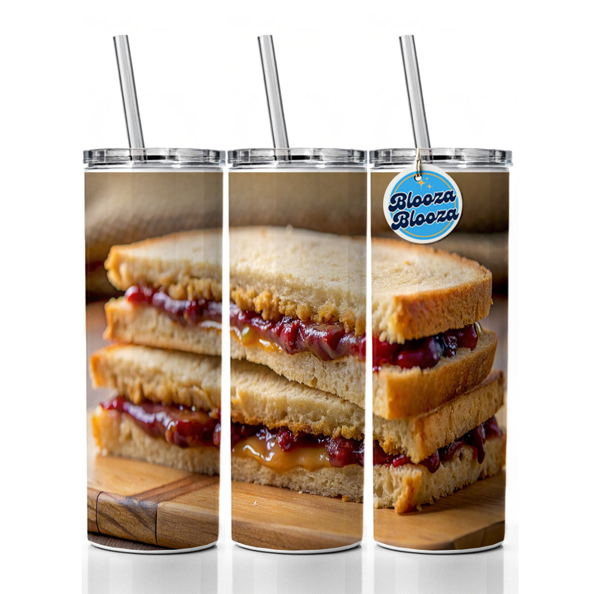 Close-up of a PB&J Peanut Butter And Jelly Sandwich Skinny Tumbler 20oz with Straw Insulated Water Bottle Gift