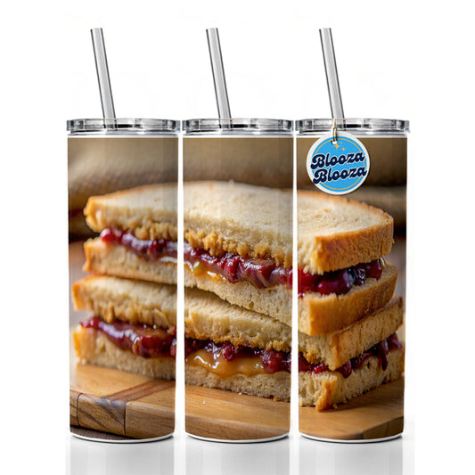 Close-up of a PB&J Peanut Butter And Jelly Sandwich Skinny Tumbler 20oz with Straw Insulated Water Bottle Gift