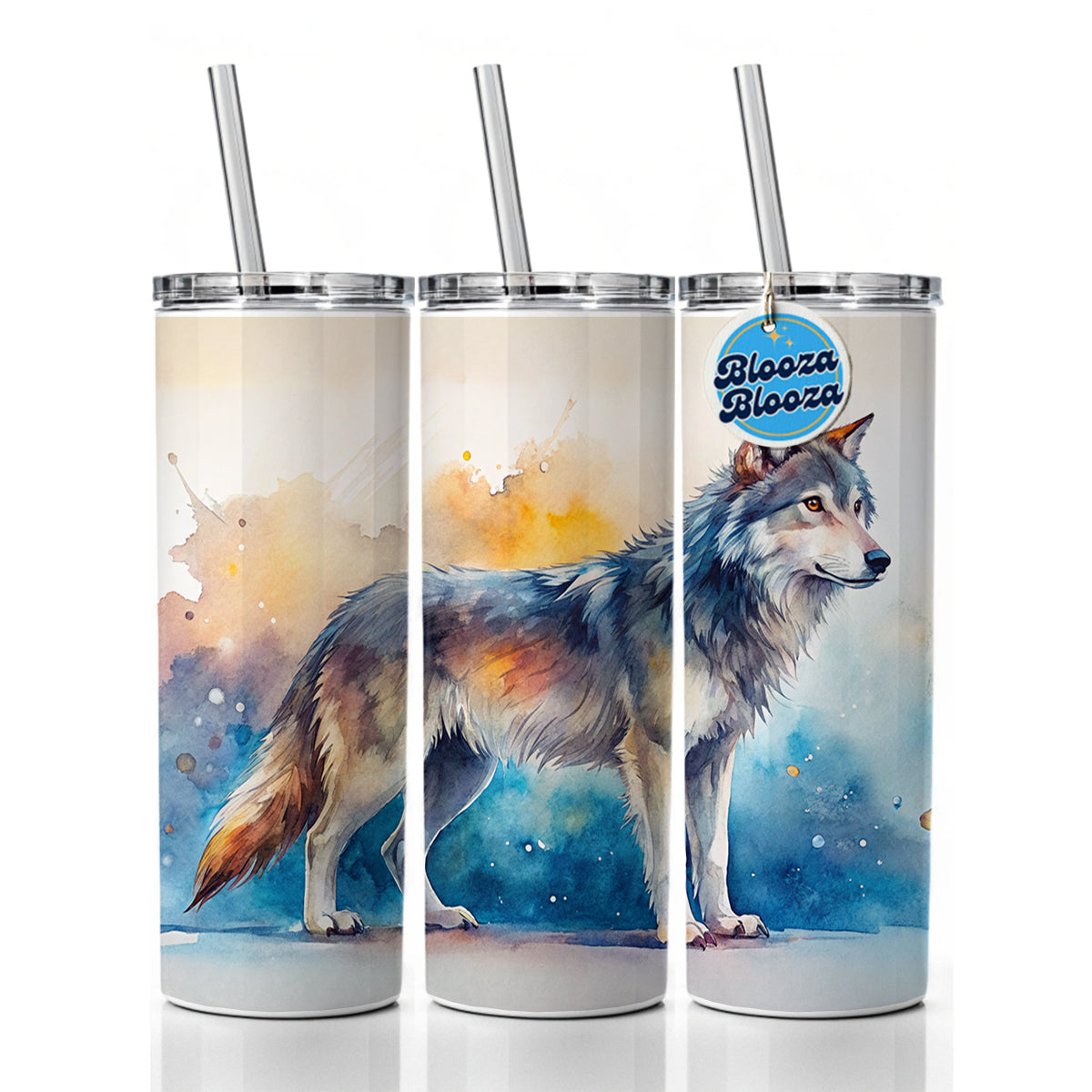 Dire Wolf Watercolor Skinny Tumbler 20oz with Straw Insulated Water Bottle Gift