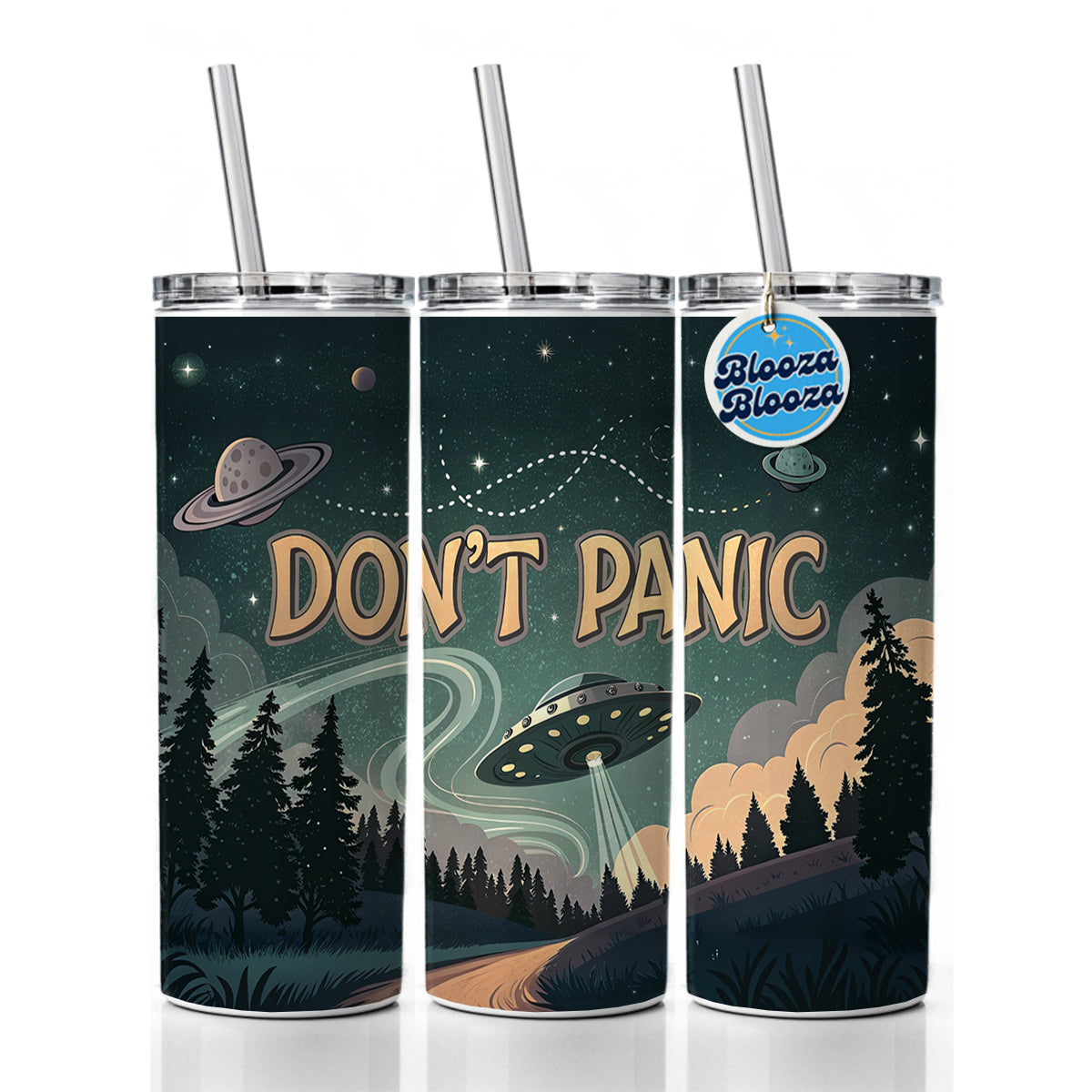 Don't Panic Retro UFO Invasion Funny Skinny Tumbler 20oz with Straw Insulated Water Bottle Gift