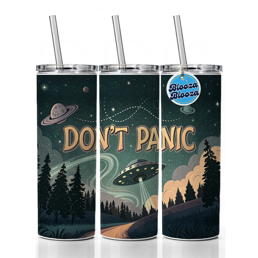 Don't Panic Retro UFO Invasion Funny Skinny Tumbler 20oz with Straw Insulated Water Bottle Gift
