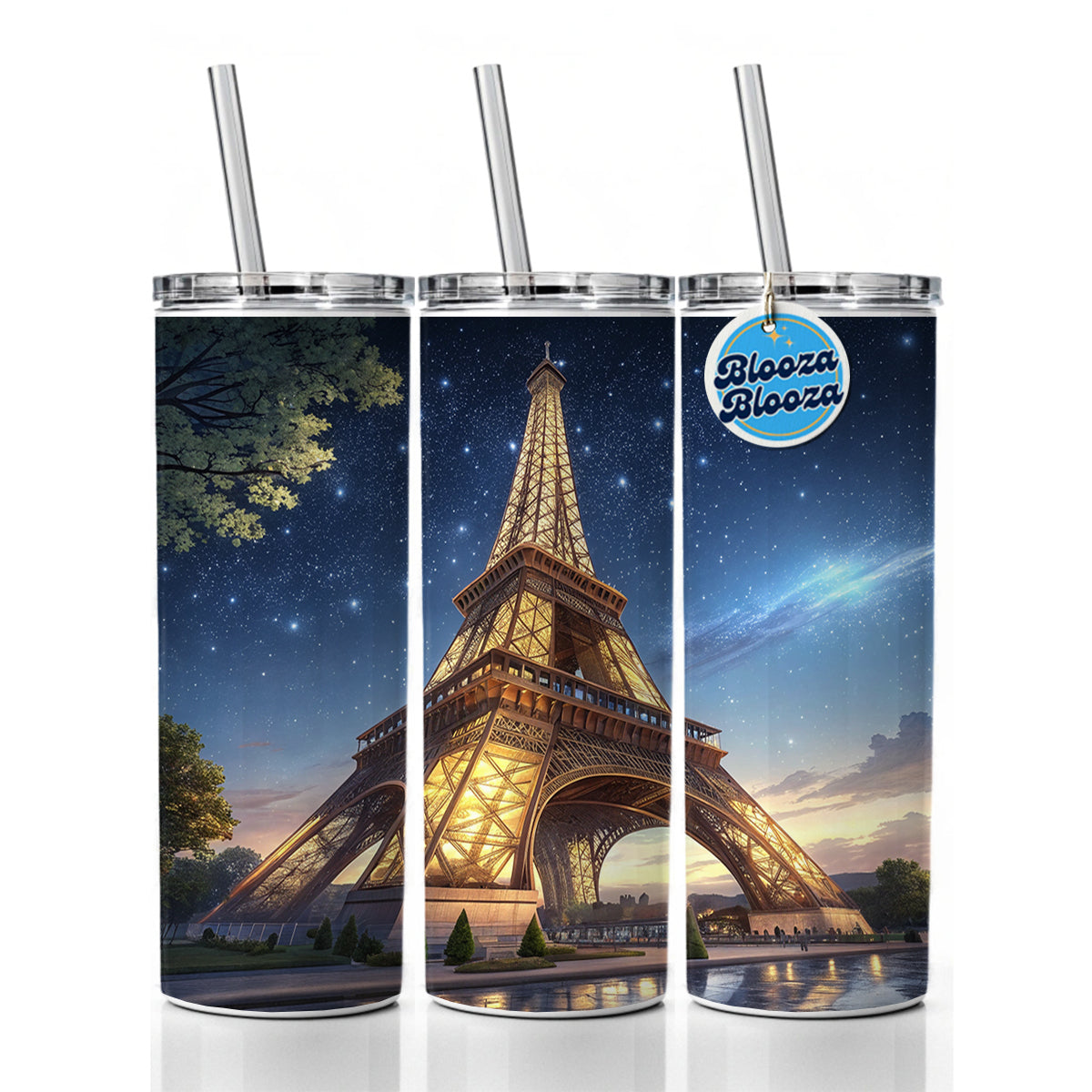 Eiffel Tower Paris At Night Illustration Skinny Tumbler 20oz with Straw Insulated Water Bottle Gift
