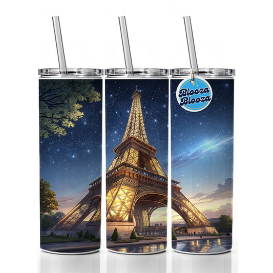 Eiffel Tower Paris At Night Illustration Skinny Tumbler 20oz with Straw Insulated Water Bottle Gift
