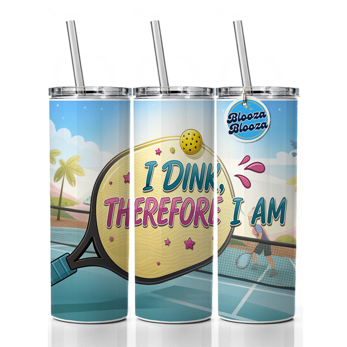 I Dink Therefore I Am Funny Pickleball Skinny Tumbler 20oz with Straw Insulated Water Bottle Gift