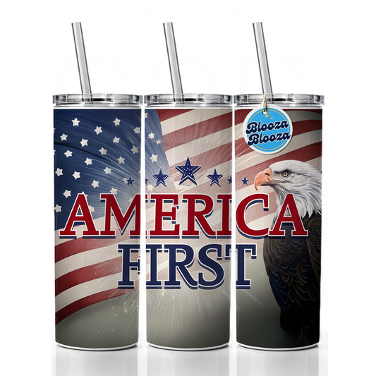 Patriotic America USA American Flag Bald Eagle Skinny Tumbler 20oz with Straw Insulated Water Bottle Gift