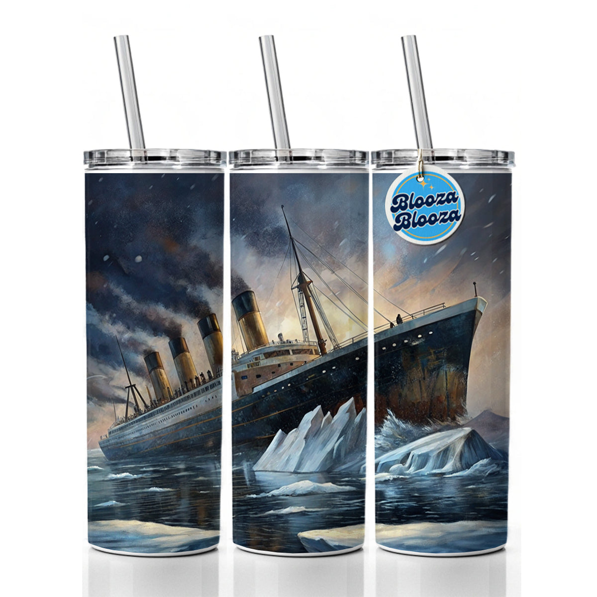 RMS Titanic Ship Hitting Iceberg Sinking Skinny Tumbler 20oz with Straw Insulated Water Bottle Gift