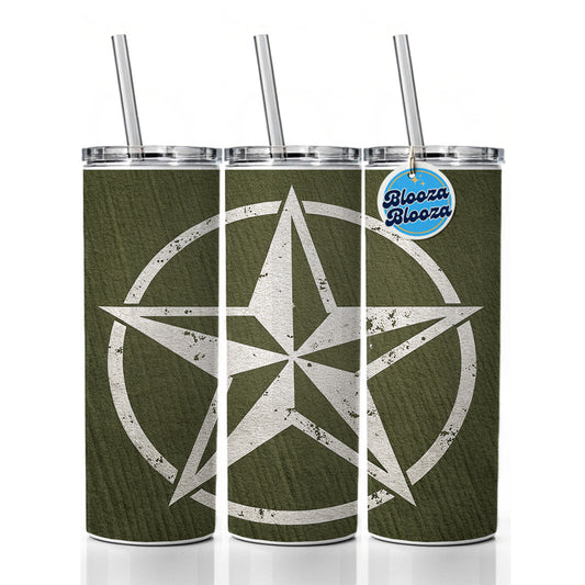 Rustic White Military Army Compass Star Skinny Tumbler 20oz with Straw Insulated Water Bottle Gift