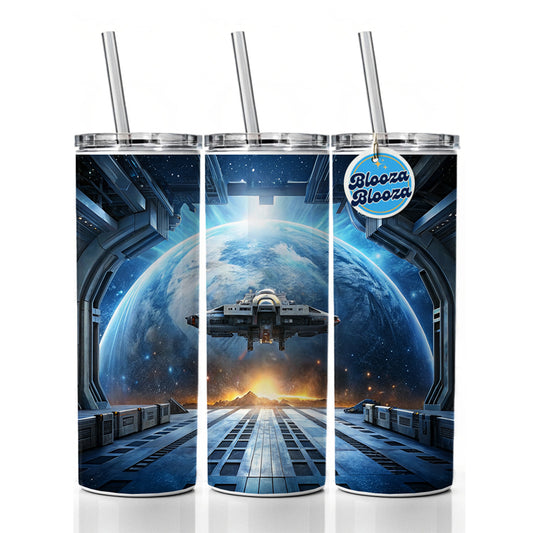 Spaceship Entering Station Spacedock Skinny Tumbler 20oz with Straw Insulated Water Bottle Gift