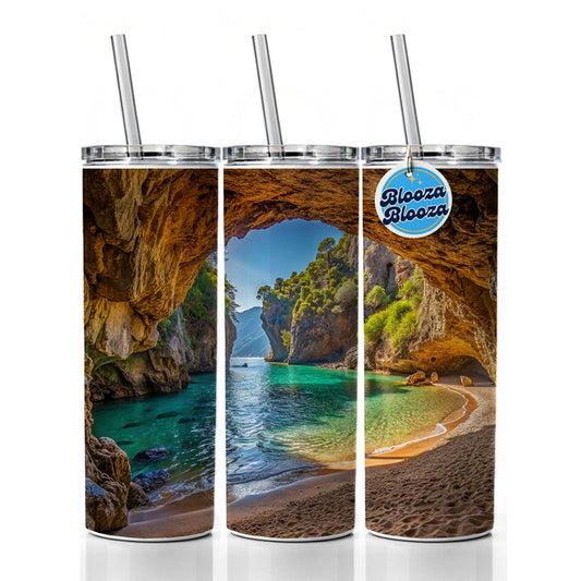 Tropical Beach In A Hidden Grotto Skinny Tumbler 20oz with Straw Insulated Water Bottle Gift