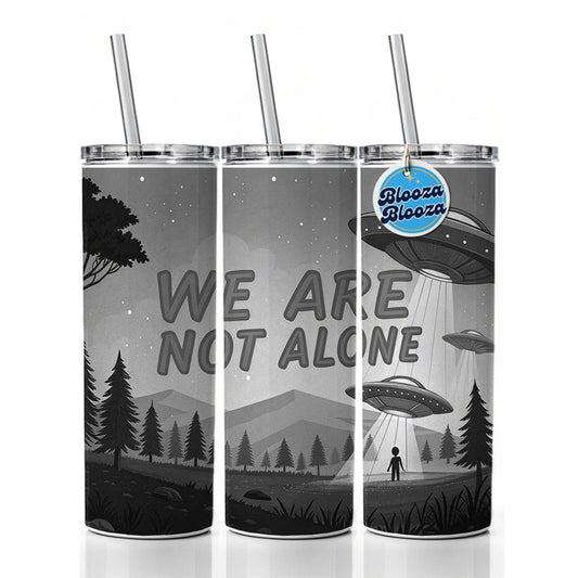 We Are Not Alone Funny Retro UFO Black And White Skinny Tumbler 20oz with Straw Insulated Water Bottle Gift