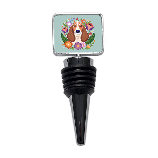 Basset Hound Dog Floral Flowers Wine Bottle Stopper