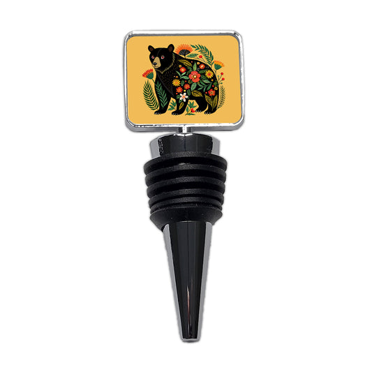 Black Bear Floral Motif Wine Bottle Stopper