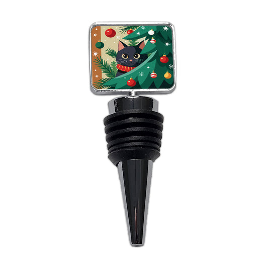Black Cat Hiding in Christmas Tree Wine Bottle Stopper