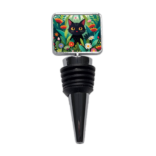 Black Cat Hiding in Flower Garden Wine Bottle Stopper