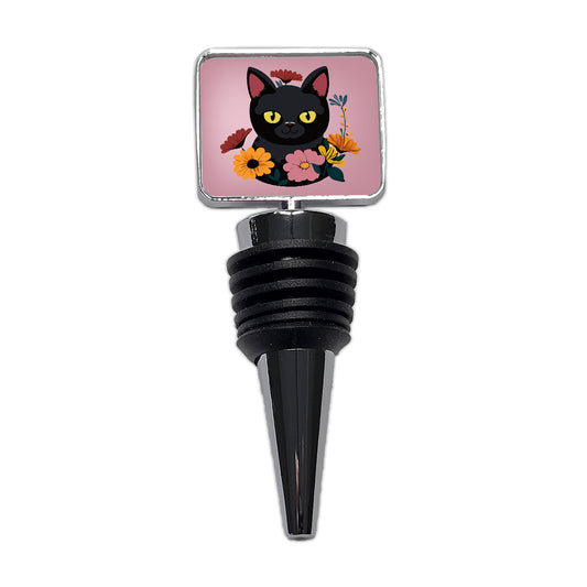 Black Cat in Flowers Wine Bottle Stopper