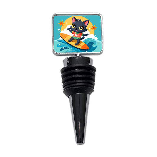 Black Cat Kitty Girl Surfing Wine Bottle Stopper