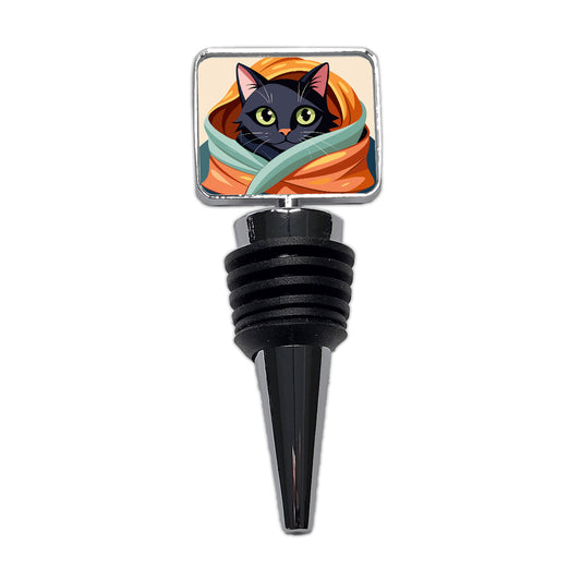 Black Cat Snuggling in Blanket Wine Bottle Stopper