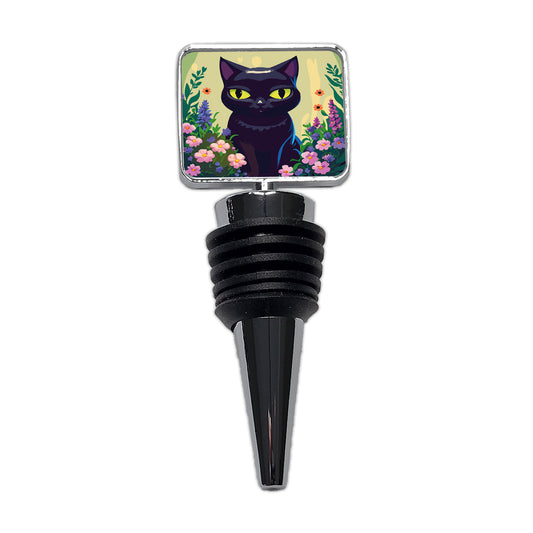 Black White Cat in Flower Garden Wine Bottle Stopper
