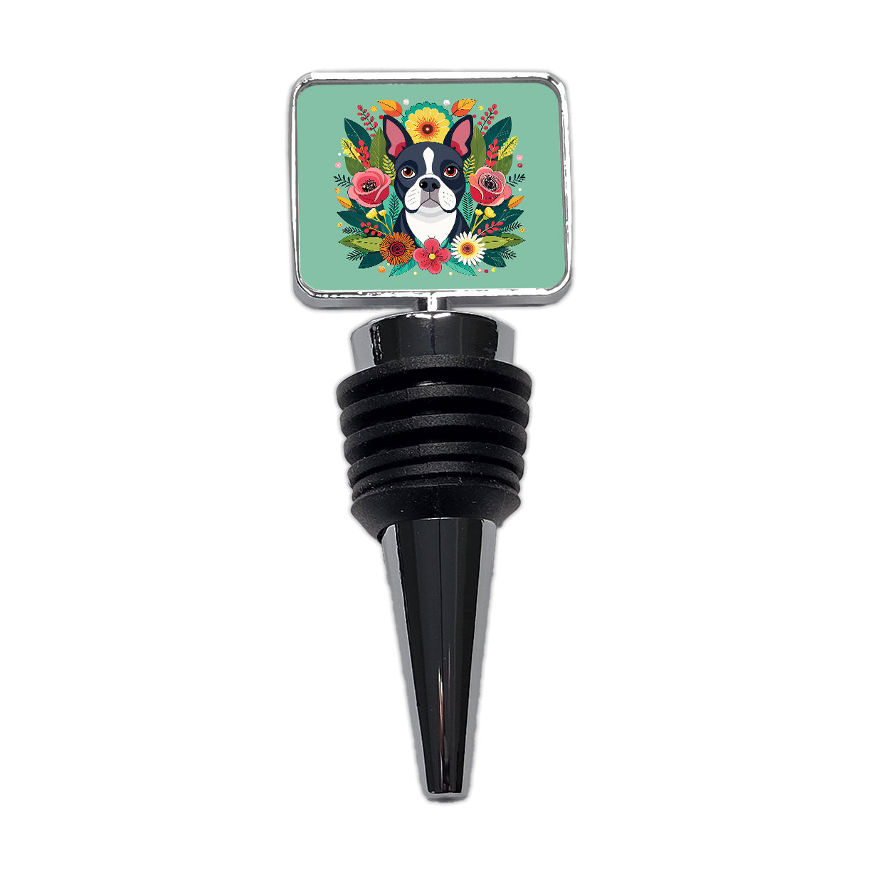 Boston Terrier Dog Floral Flowers Wine Bottle Stopper
