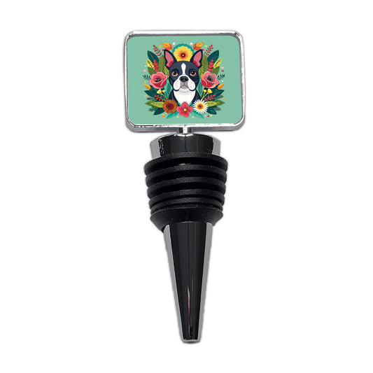 Boston Terrier Dog Floral Flowers Wine Bottle Stopper