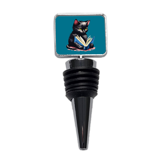 Cat Black Reading Book Reader Wine Bottle Stopper