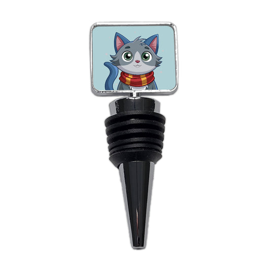 Cat Gray Wearing Winter Scarf Wine Bottle Stopper