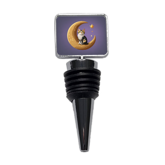 Cat on Crescent Moon Stars Cute Wine Bottle Stopper