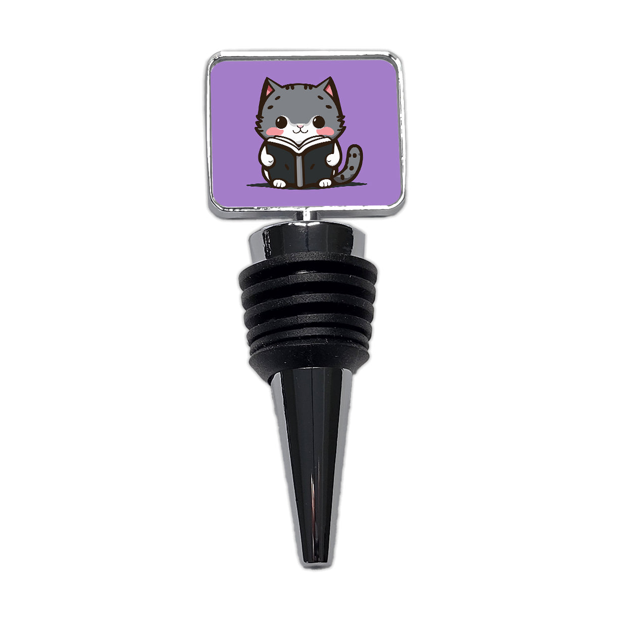 Gray Cat Reading Book Wine Bottle Stopper