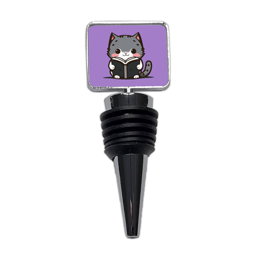Gray Cat Reading Book Wine Bottle Stopper