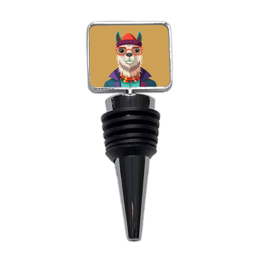 Llama Hipster Funny Wearing Glasses Hat Wine Bottle Stopper