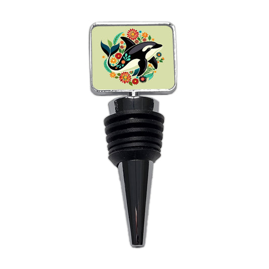Orca Whale Floral Flowers Wine Bottle Stopper