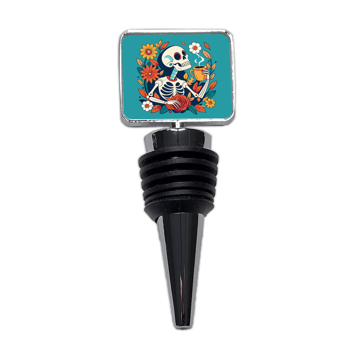 Skeleton Drinking Coffee Funny Floral Flowers Wine Bottle Stopper
