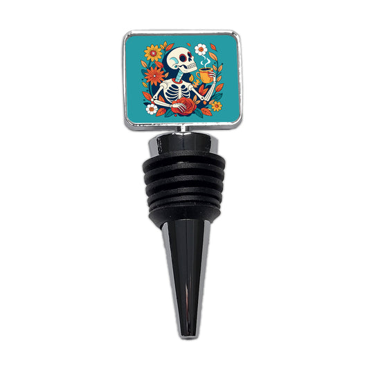 Skeleton Drinking Coffee Funny Floral Flowers Wine Bottle Stopper