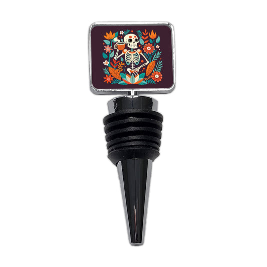 Skeleton Drinking Tea Funny Floral Flowers Wine Bottle Stopper