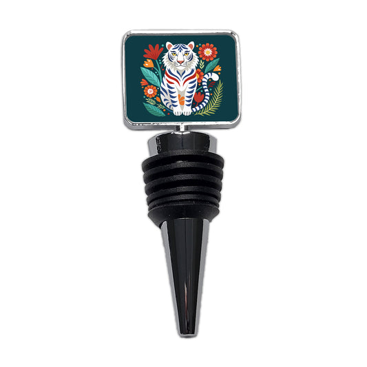 White Tiger Floral Flowers Wine Bottle Stopper