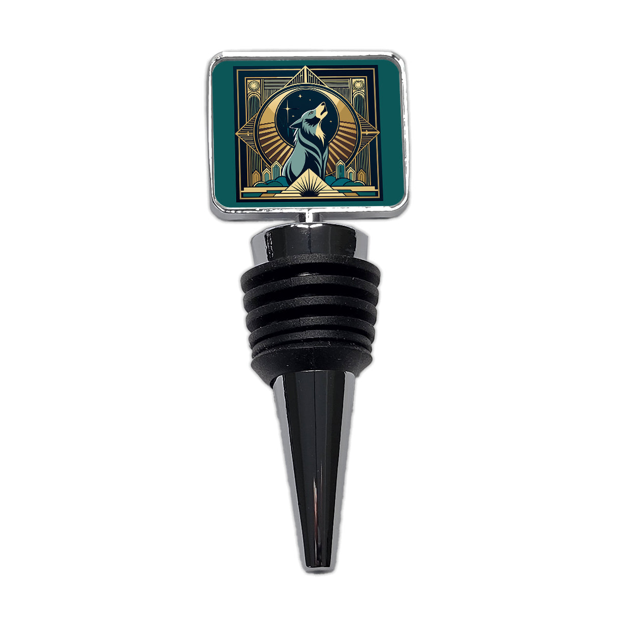 Wolf Howling at Moon Art Deco Wine Bottle Stopper