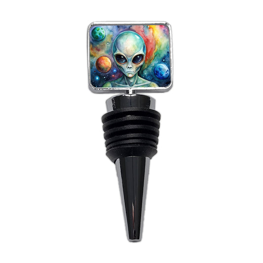 Alien In Space Watercolor Wine Bottle Stopper