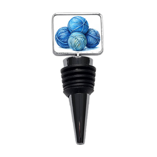 Balls Of Blue Yarn Knitting Crochet Watercolor Wine Bottle Stopper