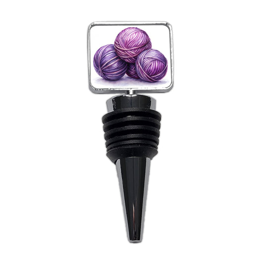 Balls Of Purple Yarn Knitting Crochet Watercolor Wine Bottle Stopper