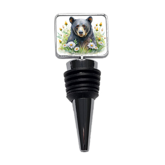 Black Bear Watercolor Design With Daisies Wine Bottle Stopper